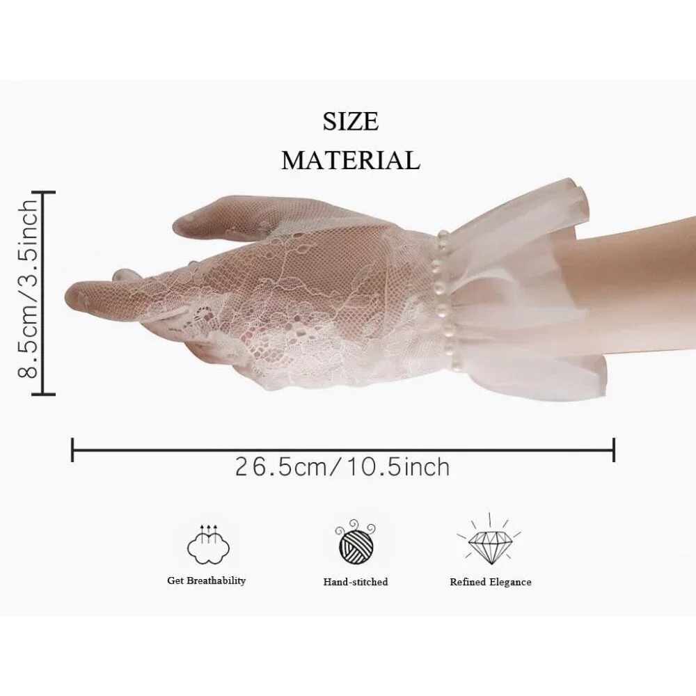 Women's White Short Pearls Lace Border Mesh Gloves Wedding Formal Party Prom
